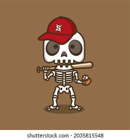 cute cartoon skull stylized to be a baseball player. vector illustration for mascot logo or sticker