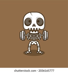 Cute Cartoon Skull Weightlifting Fitness Or Gym. Vector Illustration For Mascot Logo Or Sticker