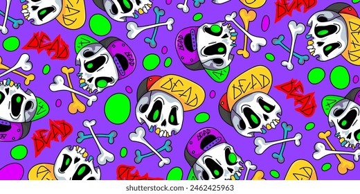 Cute cartoon skulls in a cap pattern colorful background. Funny skulls illustration for Halloween cover design. Cool hand drawn skulls with crossbones. Vector EPS 10