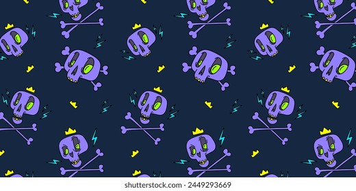 Cute cartoon skulls with crossbones and crown pattern for halloween cover. Funny skulls hand drawn illustrations. Trendy Goth style design. Vector EPS 10