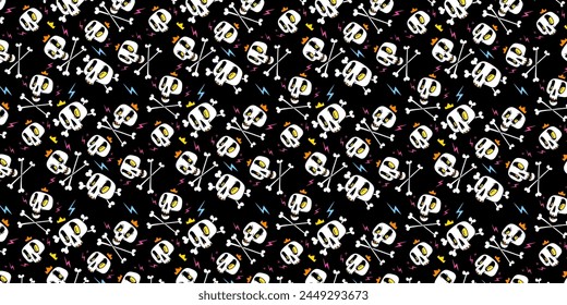 Cute cartoon skulls with crossbones and crown pattern for halloween cover. Funny skulls hand drawn illustrations. Trendy Goth style design. Vector EPS 10