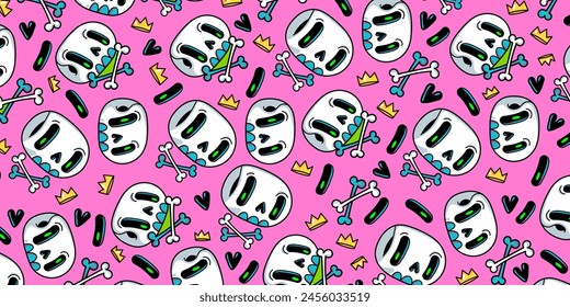 Cute cartoon skulls with crown pattern background. Funny skulls illustration for Halloween cover design. Vector EPS 10.