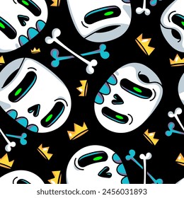 Cute cartoon skulls with crown seamless pattern background. Funny skulls illustration for Halloween cover design. Vector EPS 10.