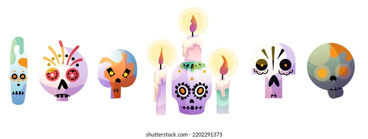 Cute cartoon skulls. Dia de los muertos. Day of the dead. Traditional mexican festival. Candles, halloween, colorful sugar  head bones. Vector illustration.