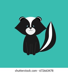 A cute cartoon skunk isolated on a green background. Vector icon of the skunk. Vector illustration.