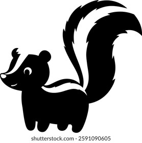 A cute cartoon skunk with a joyful expression stands playfully, its bushy tail raised, exuding a lively and cheerful atmosphere.