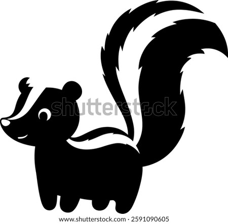 A cute cartoon skunk with a joyful expression stands playfully, its bushy tail raised, exuding a lively and cheerful atmosphere.