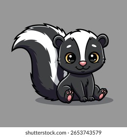 Bonito Skunk Sitting Cartoon - Adorável preto e branco listrado ilustração de mamíferos com olhos grandes para projetos de vida selvagem das crianças. Ilustração de vetor