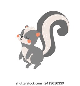 Cute cartoon skunk vector illustration in flat style. Beautiful forest animal. For poster, greeting card and kids design. White isolated background. Hand drawn. 
