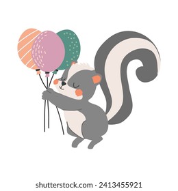 Cute cartoon skunk vector illustration in flat style.  Skunk with balloon. For poster, greeting card and kids design. Birthday. White isolated background.