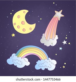 Cute cartoon sky and space icon, illustration. Moon, star and rainbow in clouds on dark background with stars.