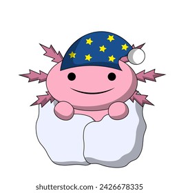 Cute cartoon sleep Axolotl with blanket in color