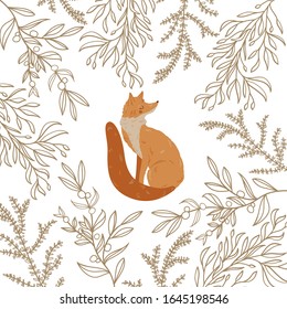 Cute cartoon sleep and dream fox in round frame with plants and branches. Woodland wreath with lovely fox. Forest animals. Template with copy space. Vector stock illustration.