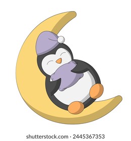Cute cartoon sleep Penguin on the moon