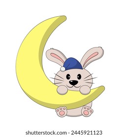 Cute cartoon sleep Rabbit on moon in color
