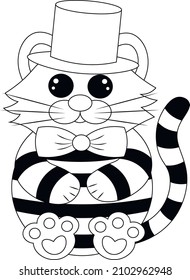 Cute cartoon sleep Tiger in hat and tie. Draw illustration in black and white