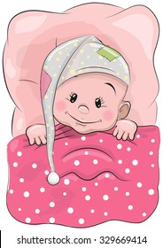 Cute Cartoon Sleeping Baby with a hood in a bed