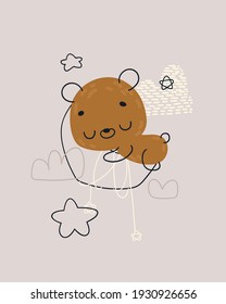 Cute cartoon sleeping bear on a moon. Print for baby posters, cards, clothes. Vector cartoon illustration.
