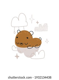 Un lindo caricaturista durmiendo oso en una nube. Imprime para carteles de bebés, tarjetas, ropa. Ilustración de dibujos animados.