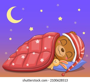 Cute cartoon sleeping bear with a red cap and blanket. Night vector illustration with an animal on a blue background with the moon and stars.