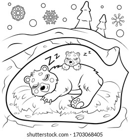 Cute Cartoon Sleeping Bears In Den In Winter Vector Coloring Page. Bear Mom With Her Cub . Coloring Book Of Forest Animals For Kids. 