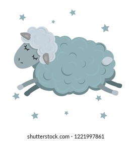 cute cartoon sleeping blue sheep. vector image isolated on white background. night stars. logo, icon, sticker, print