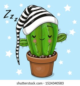 Cute Cartoon Sleeping Cactus on a blue background