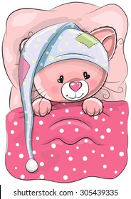 Cute Cartoon Sleeping Cat with a cap in a bed
