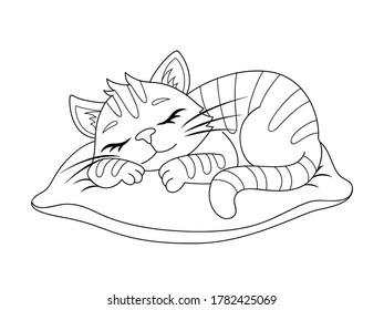 Cute cartoon sleeping cat on the pillow. Black and white vector illustration for coloring book