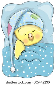 Cute Cartoon Sleeping Chicken with a cap in a bed
