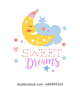 Cute Cartoon schlafend Crescent und Wolke. Süße Träume bunter, handgezeichneter Vektorgrafik