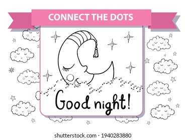 Cuta caricatura durmiendo media luna. Juego educativo punto a punto para los niños. Hoja de cálculo imprimible. página horizontal A4. Buenas noches