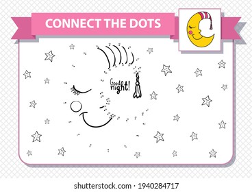Cute cartoon sleeping crescent. Dot to dot educational game for kids. Printable worksheet. A4 landscape page. Good night