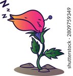 CUTE CARTOON SLEEPING FLOWER MONSTER CHARACTER VECTOR. FANTASY PURPLE PLANT FLOWER SLEEPING WITH A LITTLE  IN A GARDEN BACKGROUND ILLUSTRATION