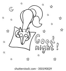 Cute cartoon sleeping fox with pillow on background with stars isolated on white background. Good night! Vector illustration. EPS 10