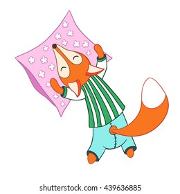 Cute cartoon sleeping fox in striped pajamas with pillow isolated on white background. Good night!