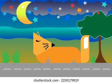 Cute cartoon sleeping fox-sweet dreams at night,The orange fox sleeps at night.