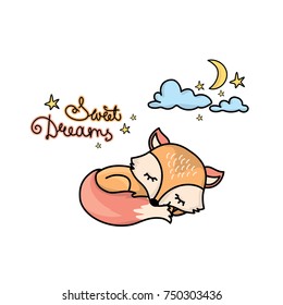 Cute cartoon sleeping fox-sweet dreams at night,animal character or mascot,isolated on white background,vector illustration