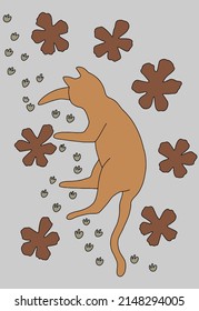 Cute cartoon sleeping ginger cat in a flower meadow. Vector illustration