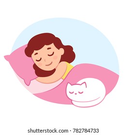 Cute cartoon sleeping girl with cat on bed. Little child, sweet dreams vector illustration.