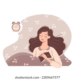 Cute cartoon sleeping girl. Nice young woman fell asleep with a book. Vector illustration. 