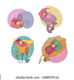 Cute cartoon sleeping gnomes. Forest elves