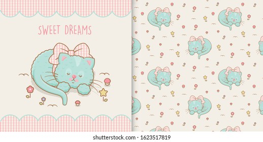 Cute cartoon sleeping kitty with seamless pattern. Vector premium