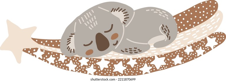 Cute cartoon sleeping koala cub hand drawn vector art. Childish t-shirt print design with australian marsupial bear sleep on falling star. Dreaming koala vector clipart isolated on white background.