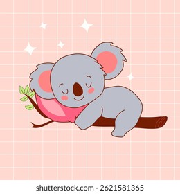Cute Cartoon Sleeping Koala on Branch with Pink Pillow