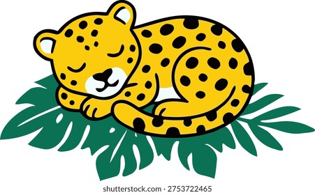 Cute Cartoon Sleeping Leopard Cub on Tropical Leaf Illustration