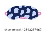 Cute cartoon sleeping mask with cow print, Funny girly eye mask with animal pattern. Hand drawn bedtime accessory for peaceful dreaming to prevent insomnia. Clipart isolated on white background.