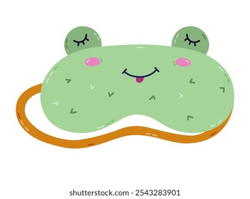 Linda máscara de dormir de dibujos animados en forma de cabeza de rana. Máscara de ojo infantil divertido con el sapo soñador. Accesorio de Vector dibujado a mano para la noche de confort. Clipart colorido aislado en el fondo.