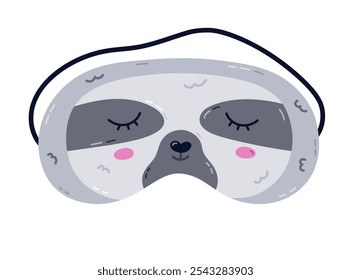 Linda máscara de dormir de dibujos animados en forma de cabeza de perezoso. Mascarilla infantil divertida del ojo del animal con el perezoso de la fatiga. Vector dibujado a mano ropa de dormir para soñar en paz aislado sobre fondo blanco.