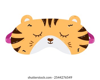 Cute cartoon sleeping mask in the shape of tiger head. Funny childish animal eye mask with big cat. Hand drawn vector sweet dreams accessory for comfort relaxation isolated on white background.